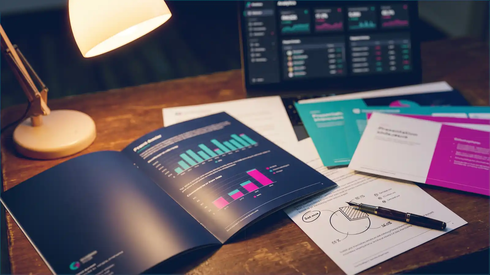 A consultant's desk at dusk: a printed audit dossier with teal and magenta charts, fanned slide pages with handwritten annotations, and a laptop showing a dark analytics dashboard.