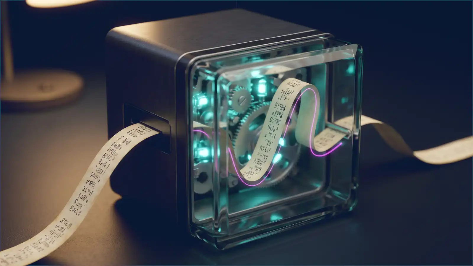 A sealed precision instrument of brushed metal and glass with no cables or ports, a single paper tape passing through it traceable end to end, representing offline and deterministic processing.